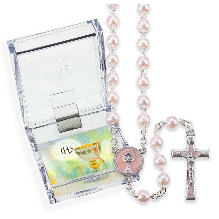 Pink Glass Bead First Communion Rosary, Boxed