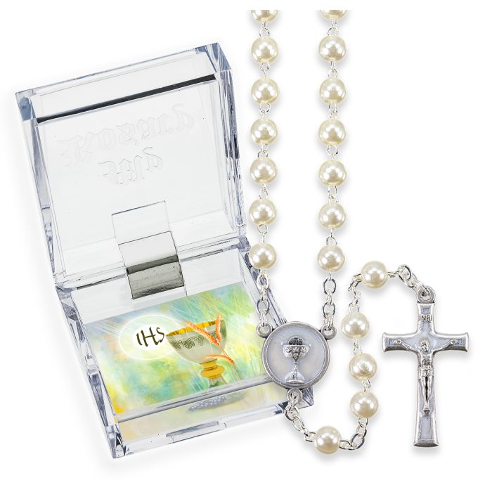 White Glass Bead First Communion Rosary, Boxed