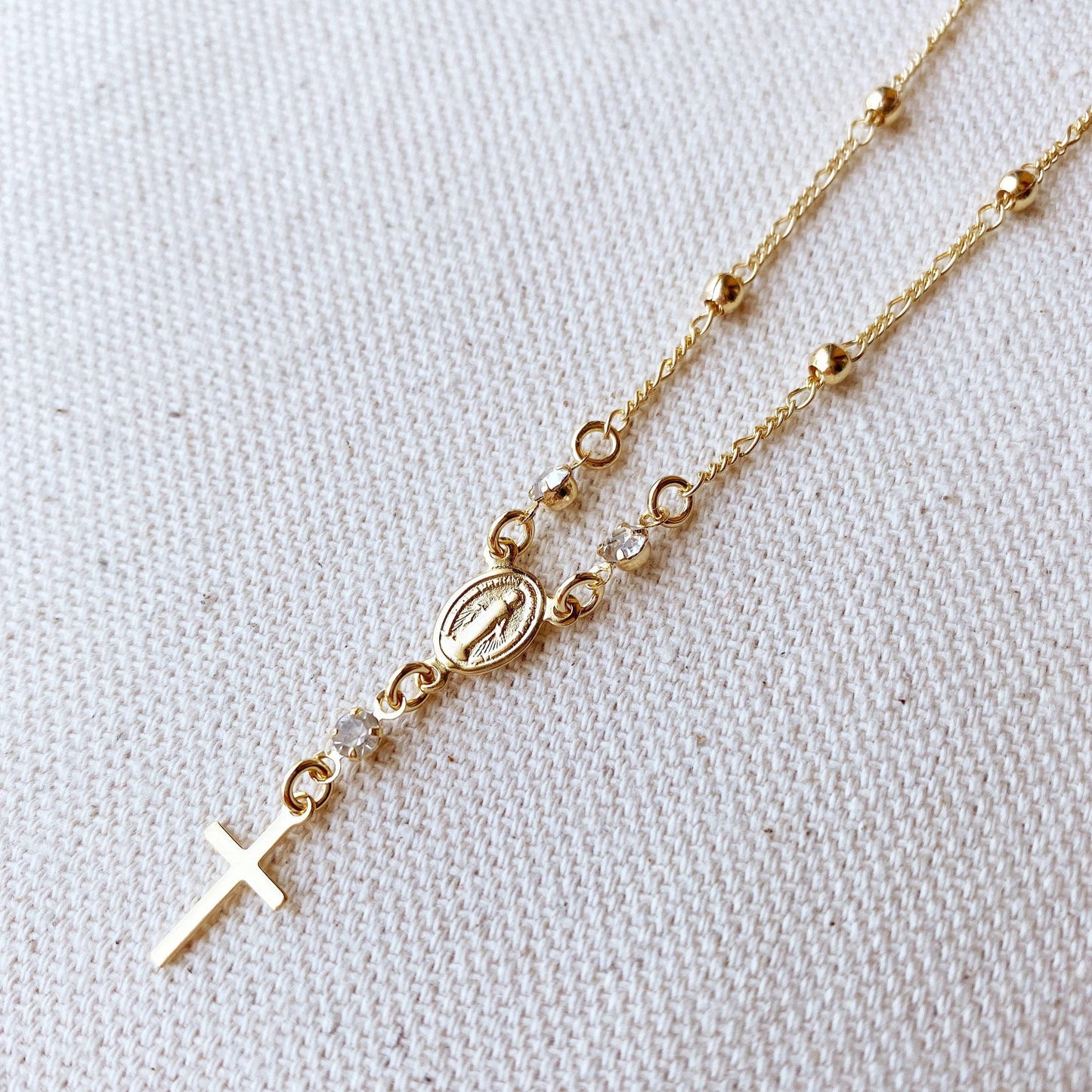 18k Gold Filled Rosary Ball Chain and Small Plain Cross Conf