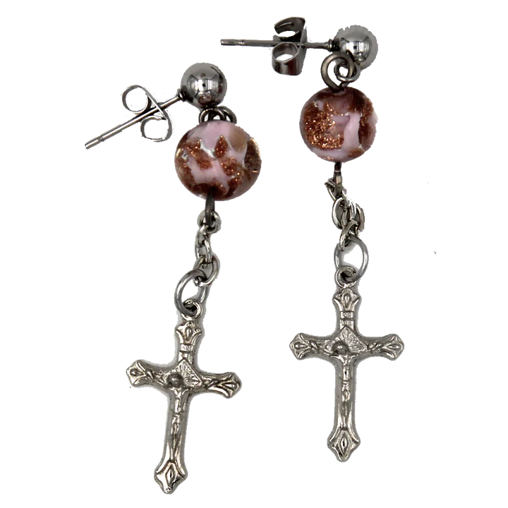 Stainless Steel Crucifix Earrings with Pink Murano Beads