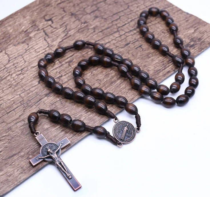 Red Oak Wooden Saint Benedict Medal Rosary Beads 20-inch