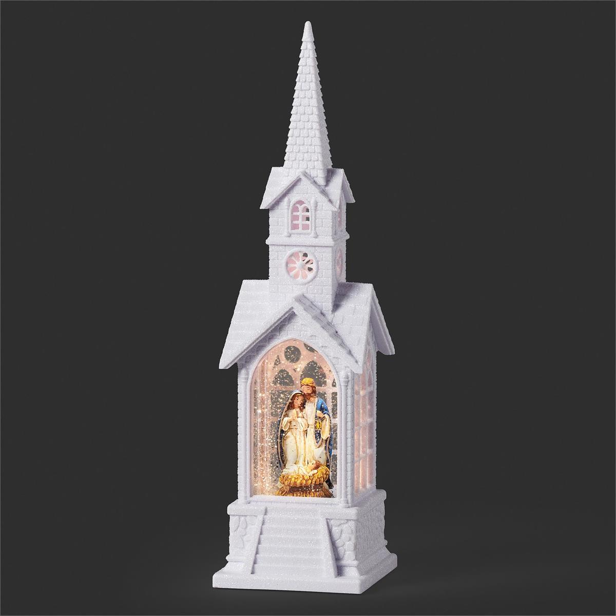 15"H LIGHTED SWIRL HOLY FAMILY WHITE CHURCH