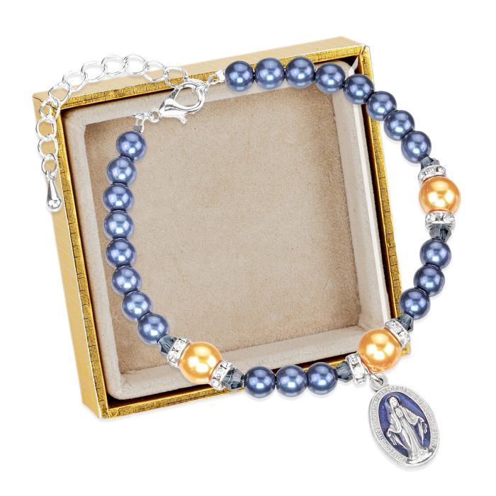 Dark Blue Bracelet w/ Gold Glass Accent and Miraculous Medal.