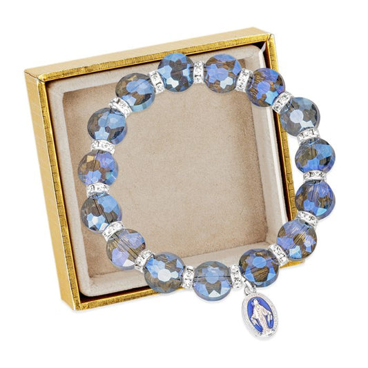 10mm Flat Sphere Midnight Blue Faceted Crystal Bracelet w/ Miraculous Medal