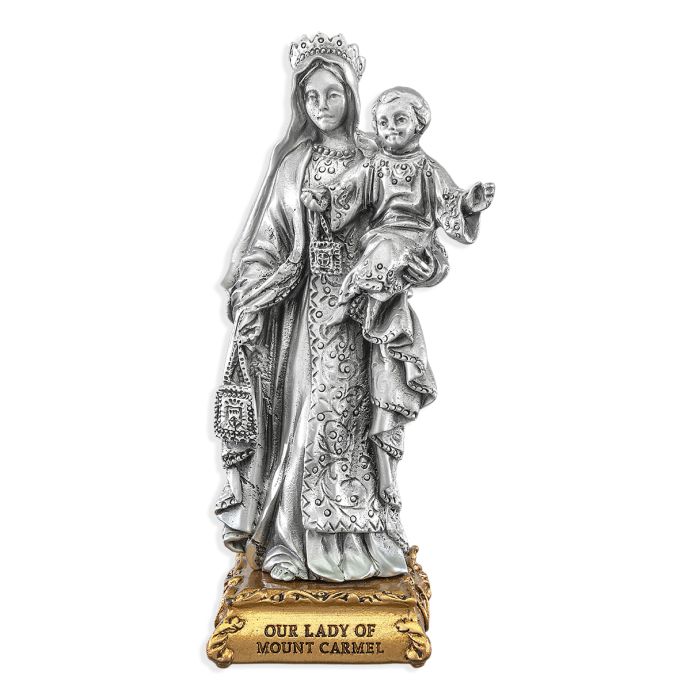 4 1/2" Pewter Our Lady of Mount Carmel Statue, Gift Boxed