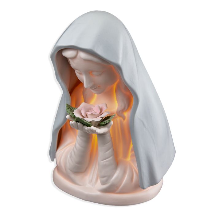 7" Porcelain Bisque Madonna Holding Rose with Blue Veil Night Light