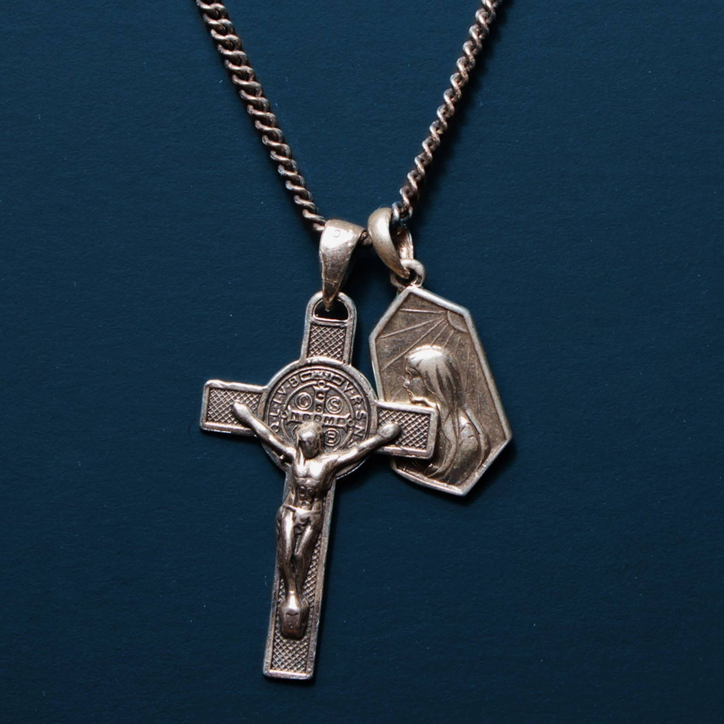 Sterling Silver Cross & Mary Pendants Necklace for Men