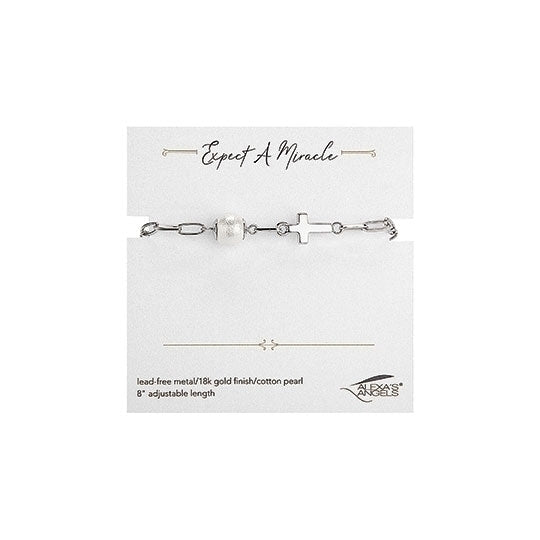 8"L SILVER PEARL CROSS ADJUSTABLE BRACELET (Alexa's Angels)
