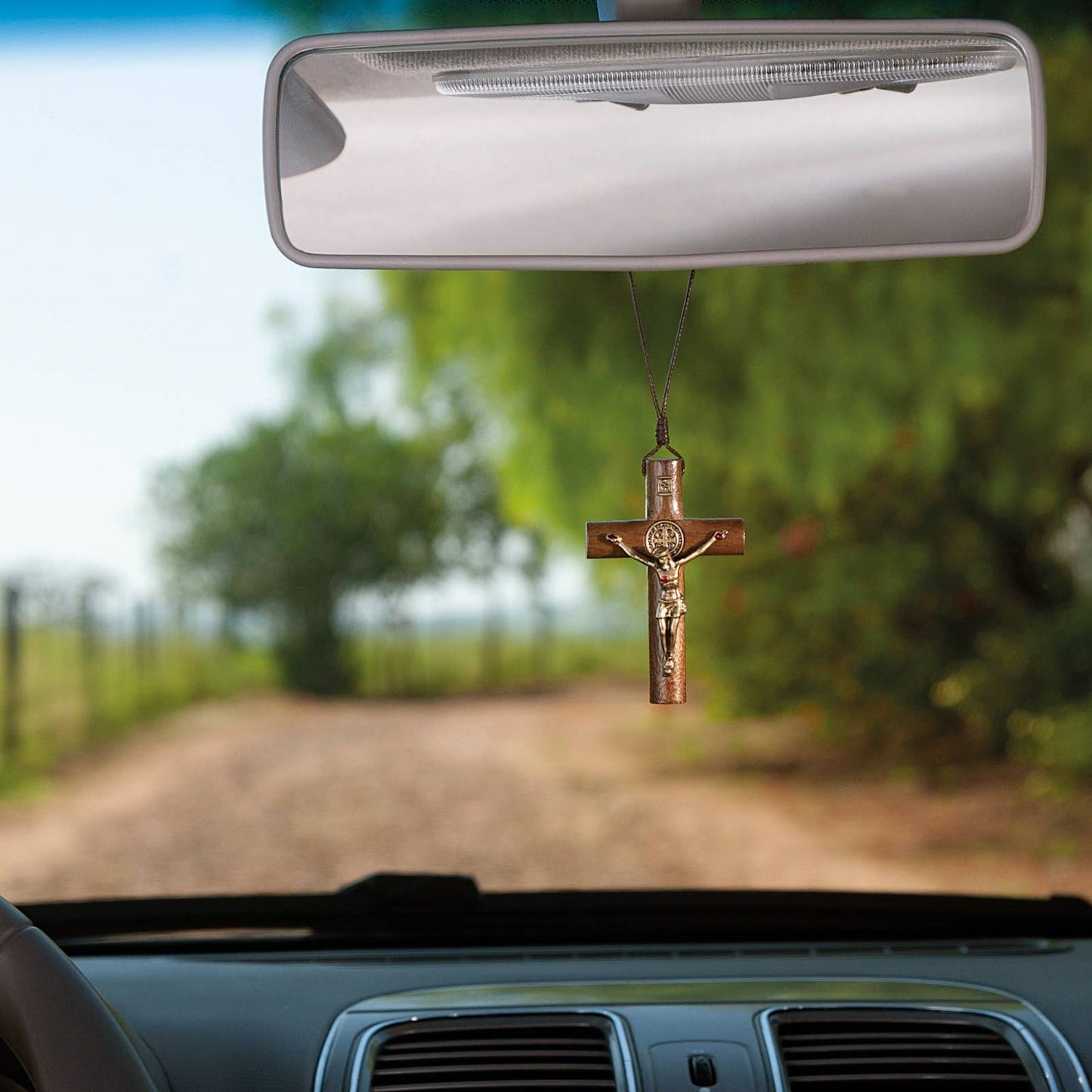 St Benedict Wooden Rearview Mirror Cross