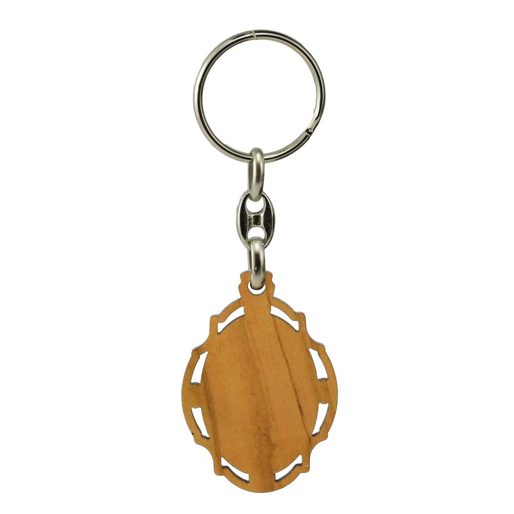 Miraculous Medal Keychain Olive Wood with Silver Plated