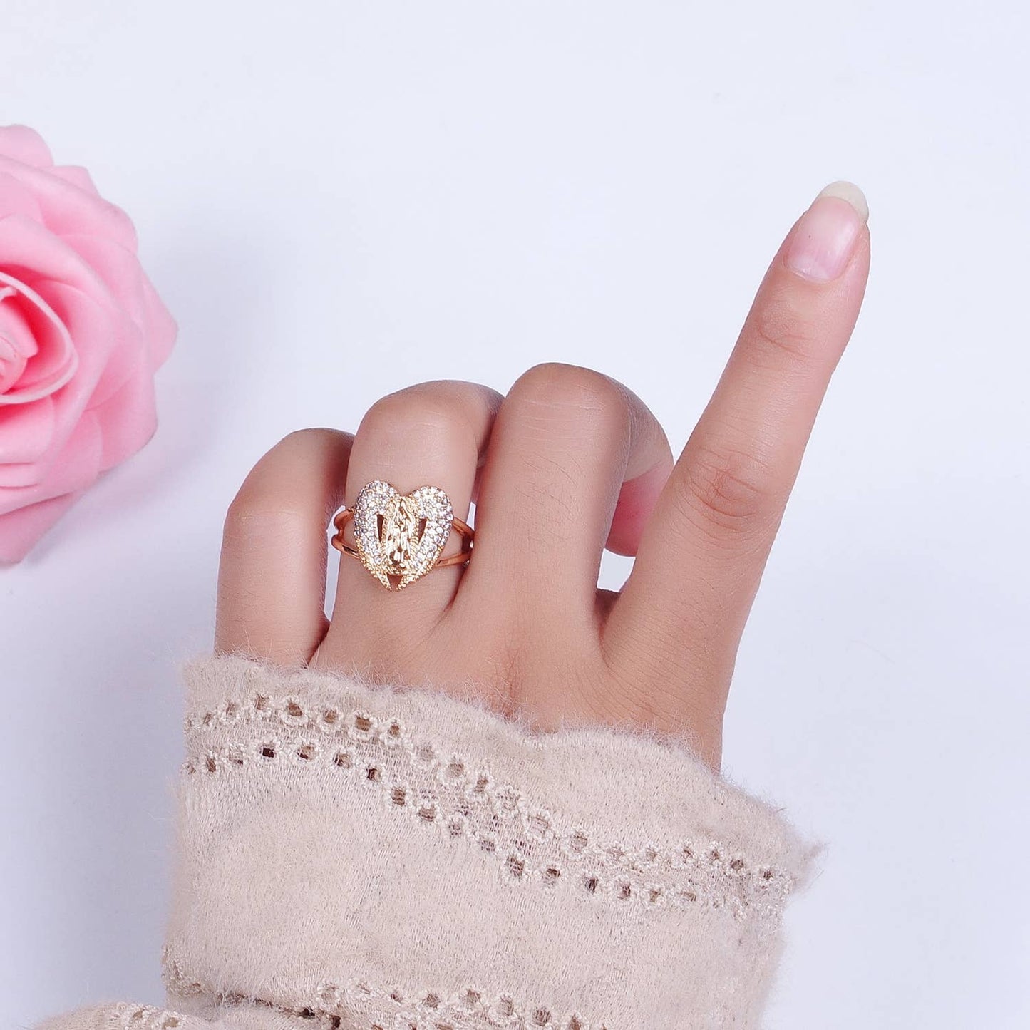 Vintage Religious Micro Pave Holy Mary Adjustable Ring O1989