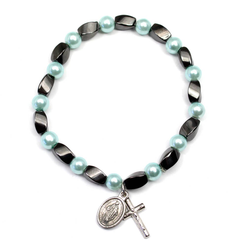 Rosary Bracelet Hematite - Blue Pearl Beads - Miraculous Medal