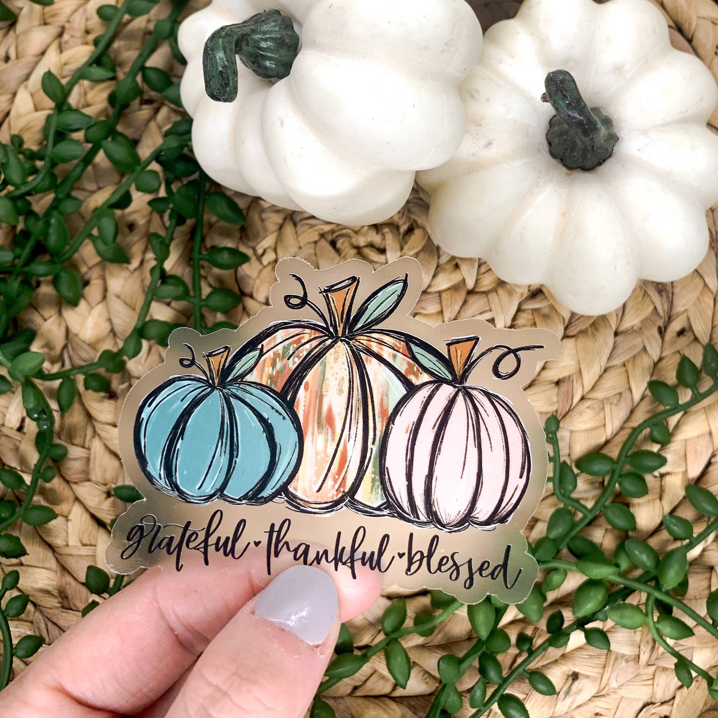 Grateful Thankful Blessed Clear Vinyl, Sticker, 3x3 in.