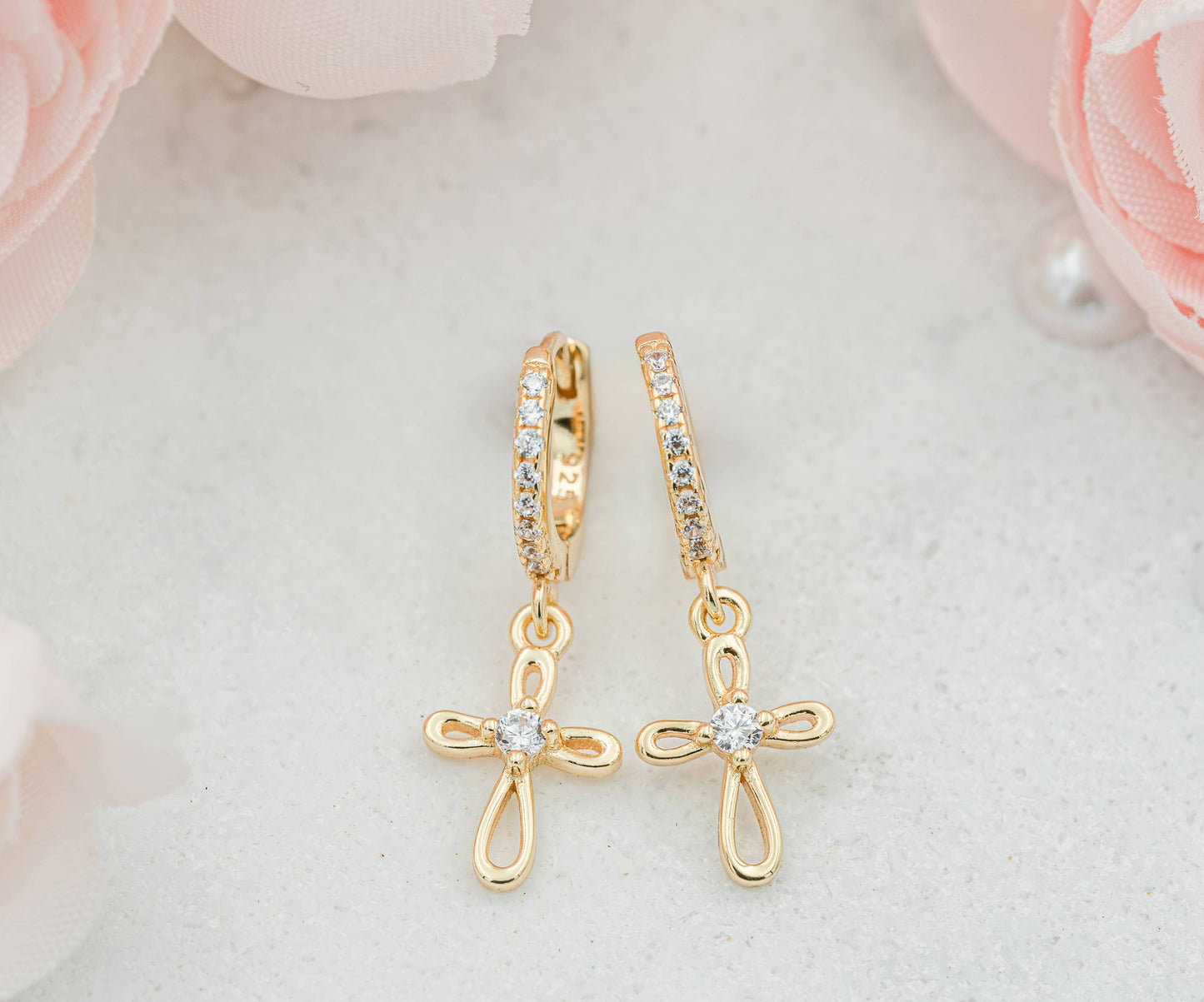 14K Gold-Plated Huggie with Cross Earrings for Kids, Girls