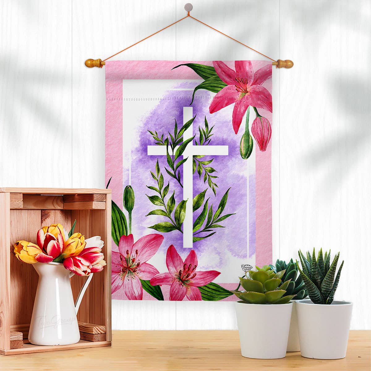 Lilies Cross Religious Faith Floral Decor Flag