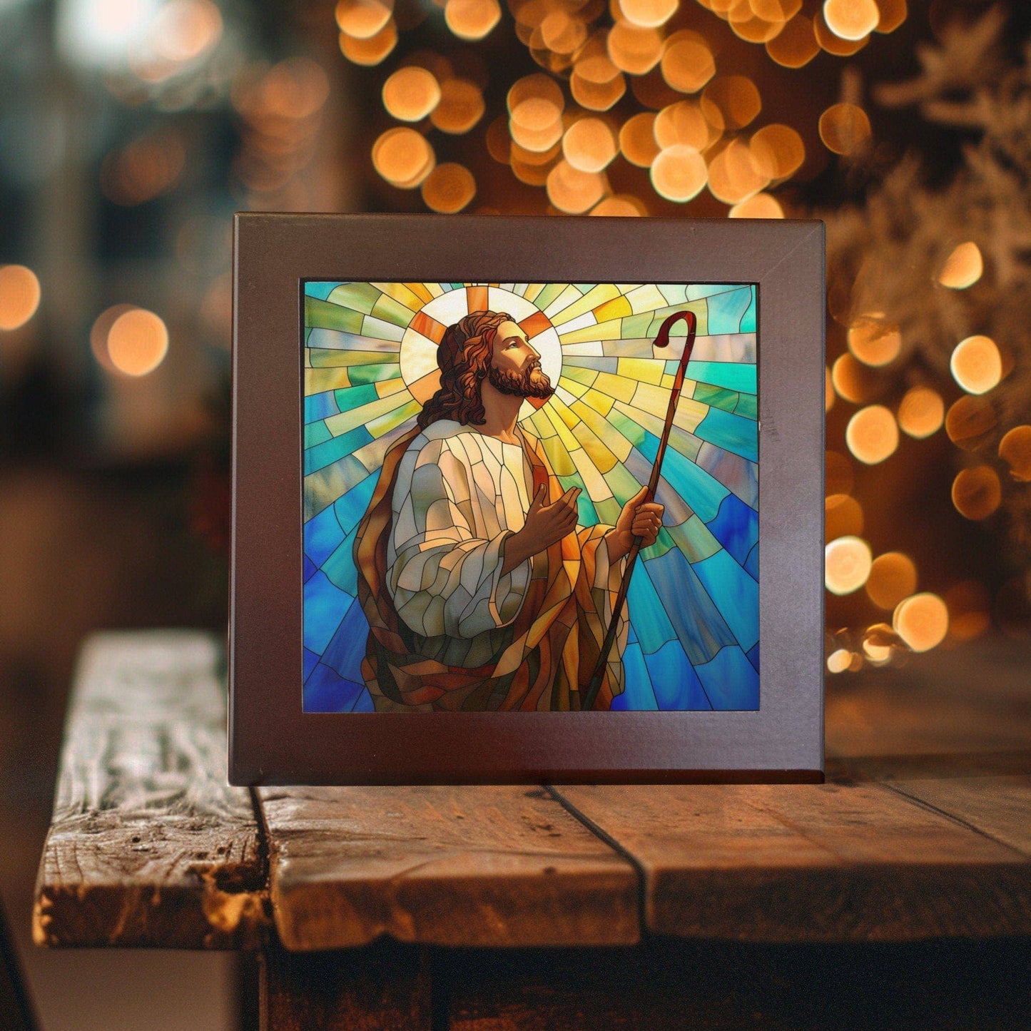 Jesus - Radiant Shepherd Stained Glass-Like Ceramic Tile - Divine Home Accent