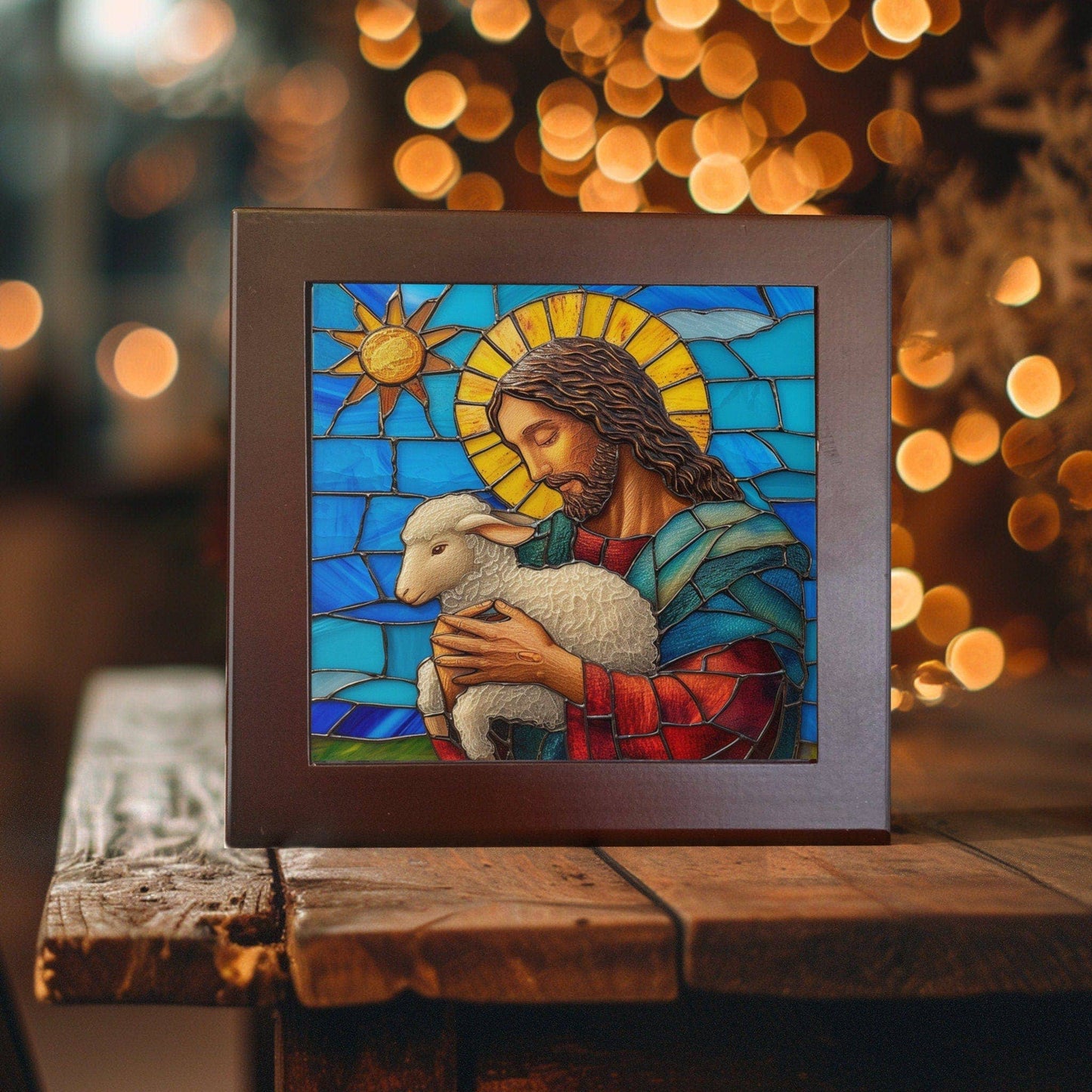 Jesus - Embrace of Peace Stained Glass-Like Ceramic Tile - Serene Pastoral Art for Home