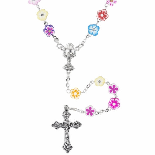 Multi-Color Flower Beads First Communion Rosary with Chalice Center