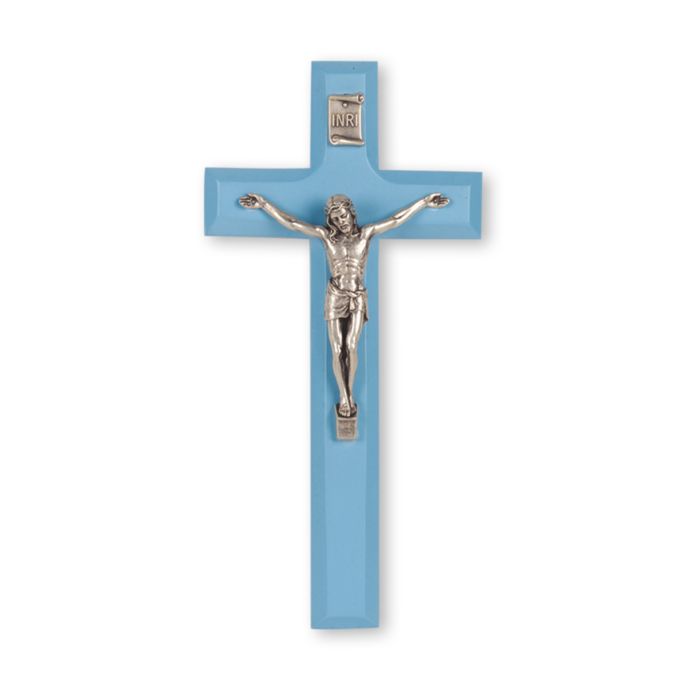 7" Blue Wood Cross with Antiqued Silver Finish Corpus