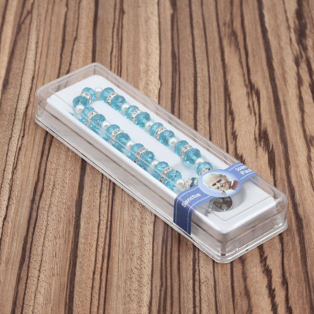 Elastic Rosary Bracelet Aqua Crystal Beads and JPII Medal