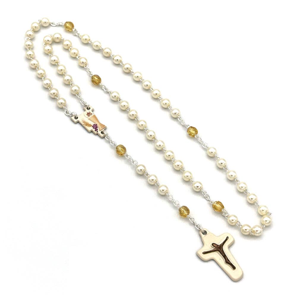 First Communion Rosary Pearl Glass Beads Modern Crucifix