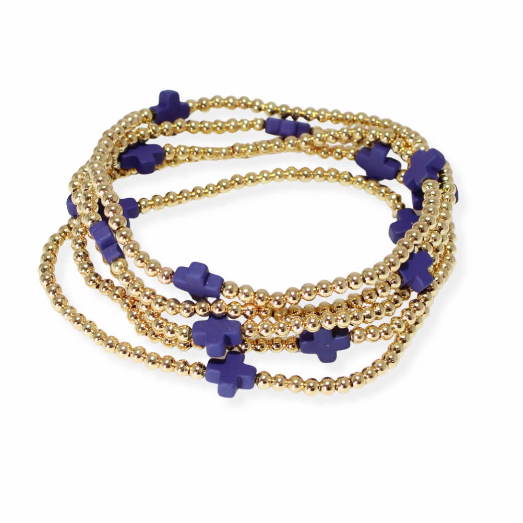 Multi layered gold bead stretch bracelet with cross accent n