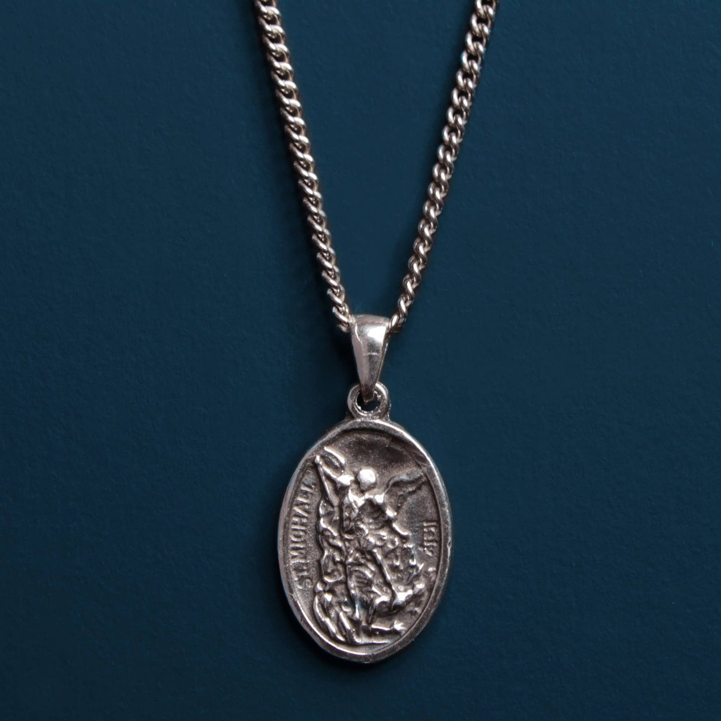 Saint Michael Sterling Silver Oval Pendant Necklace