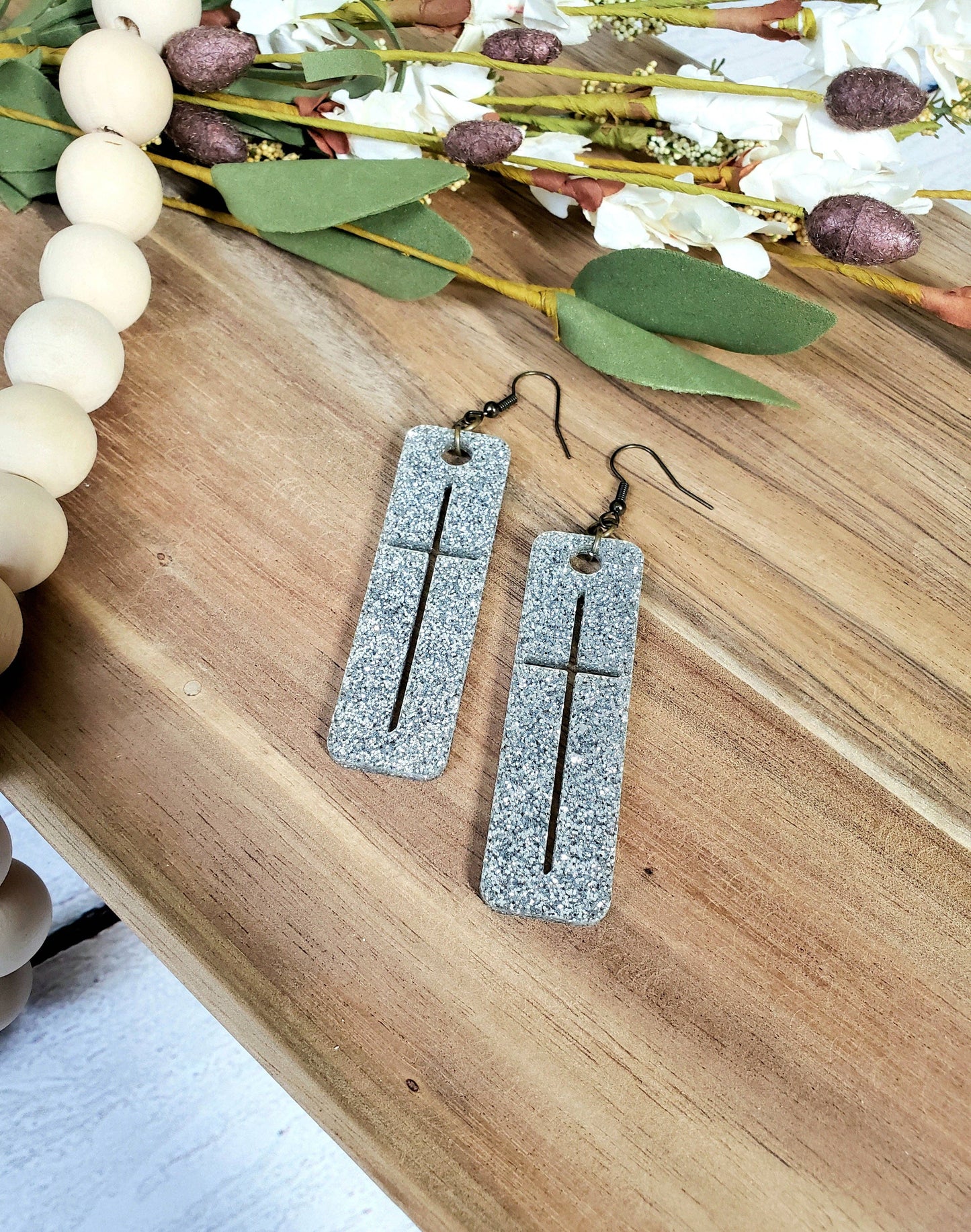 Silver Glitter Cross Earrings