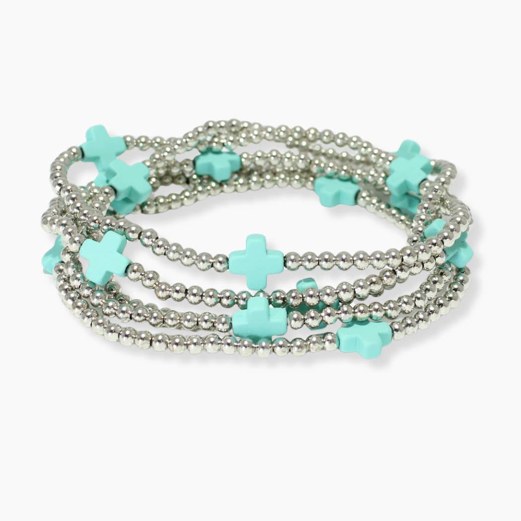 Multi layered gold bead stretch bracelet with cross accent n