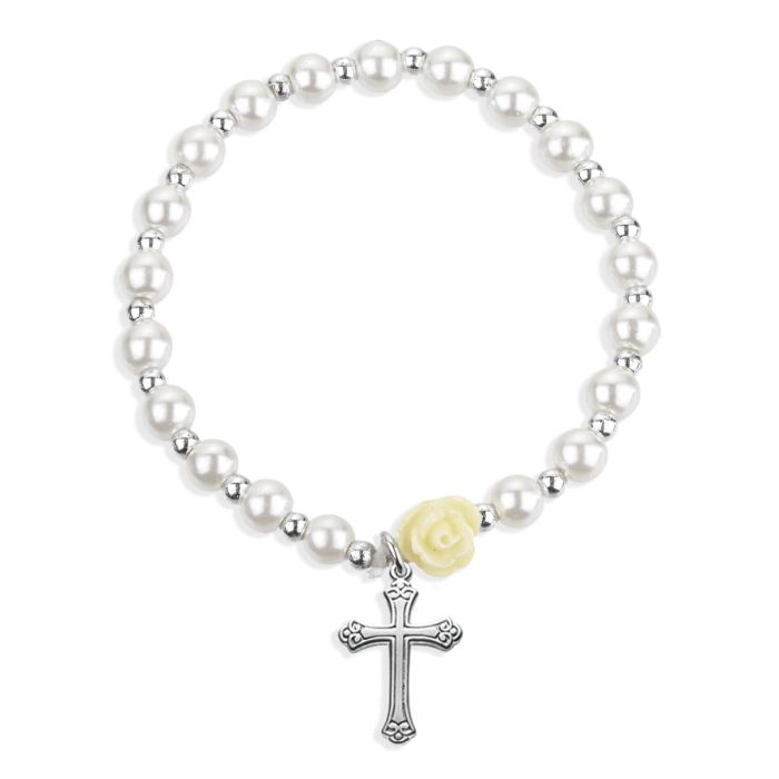 5mm White Pearl Bracelet with Beveled Cross