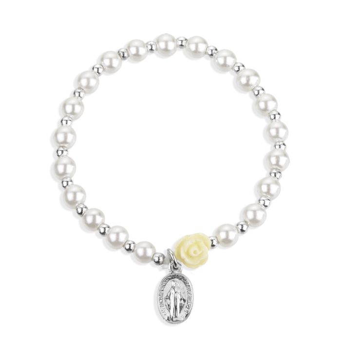 5mm White Pearl Bracelet with Miraculous Medal