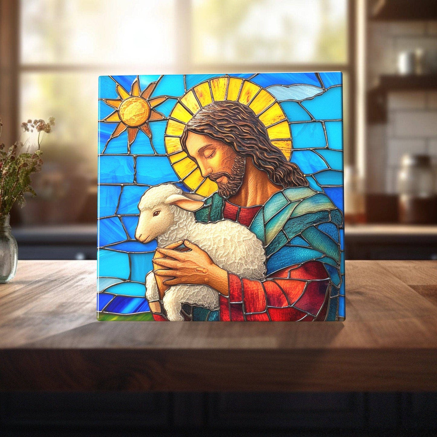 Jesus - Embrace of Peace Stained Glass-Like Ceramic Tile - Serene Pastoral Art for Home
