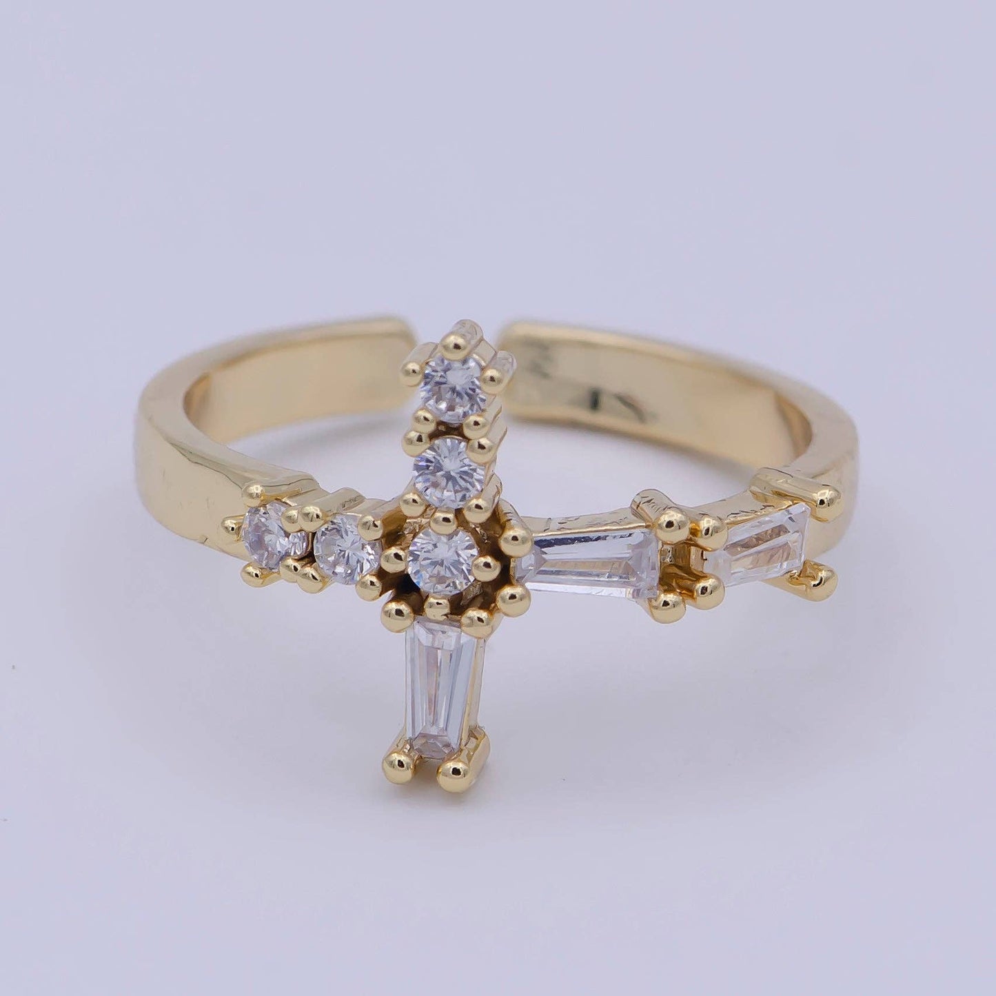 Gold Filled Christian Cross Adjustable Ring with Crystal Zirconia