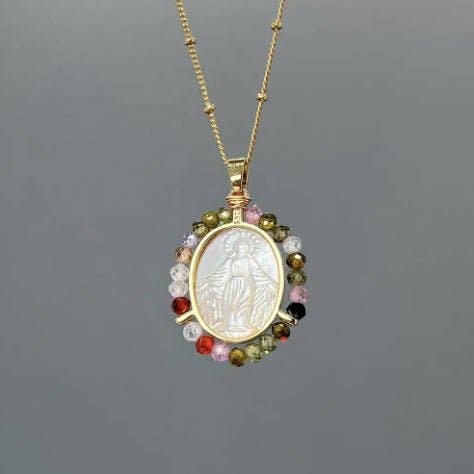 Gold-Plated Our Lady of Grace Mother of Pearl & Multicolor Zircon Necklace 18-inch
