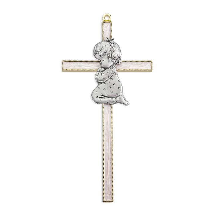 7" PRAYING BABY GIRL WHITE CROSS