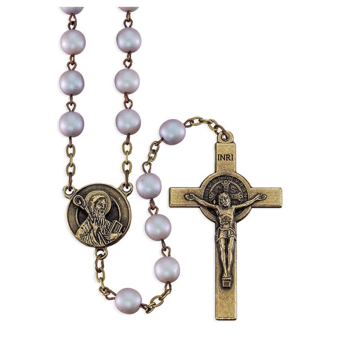 7mm Madre Perla Frosted Czech Beads Rosary with Bronze Finish Our Father Beads and St. Benedict Center with Matching Epoxy and Bronze Crucifix in Grey Velvet Box
