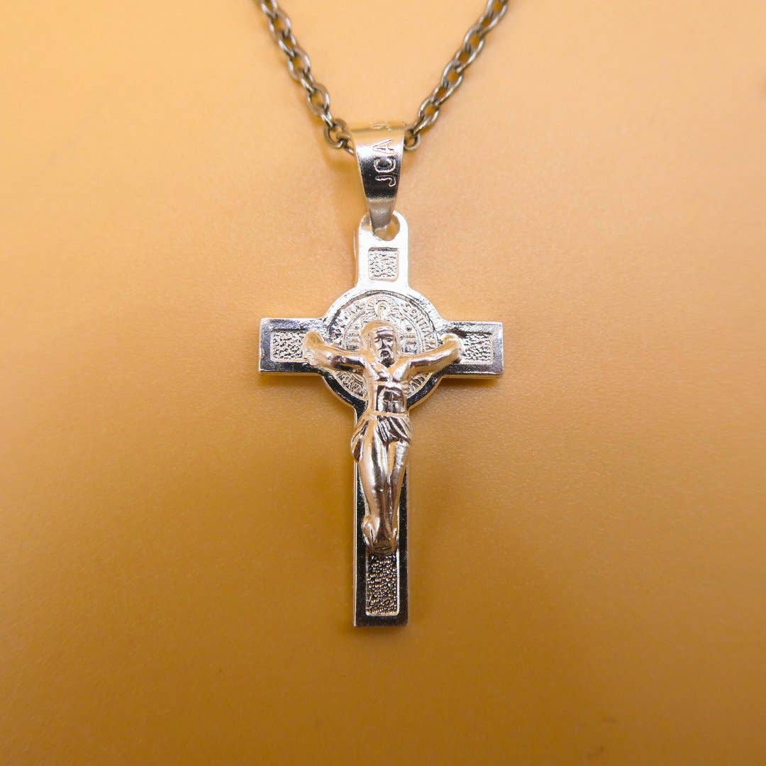 Silver Mini Saint Benedict Crucifix Necklace 18"