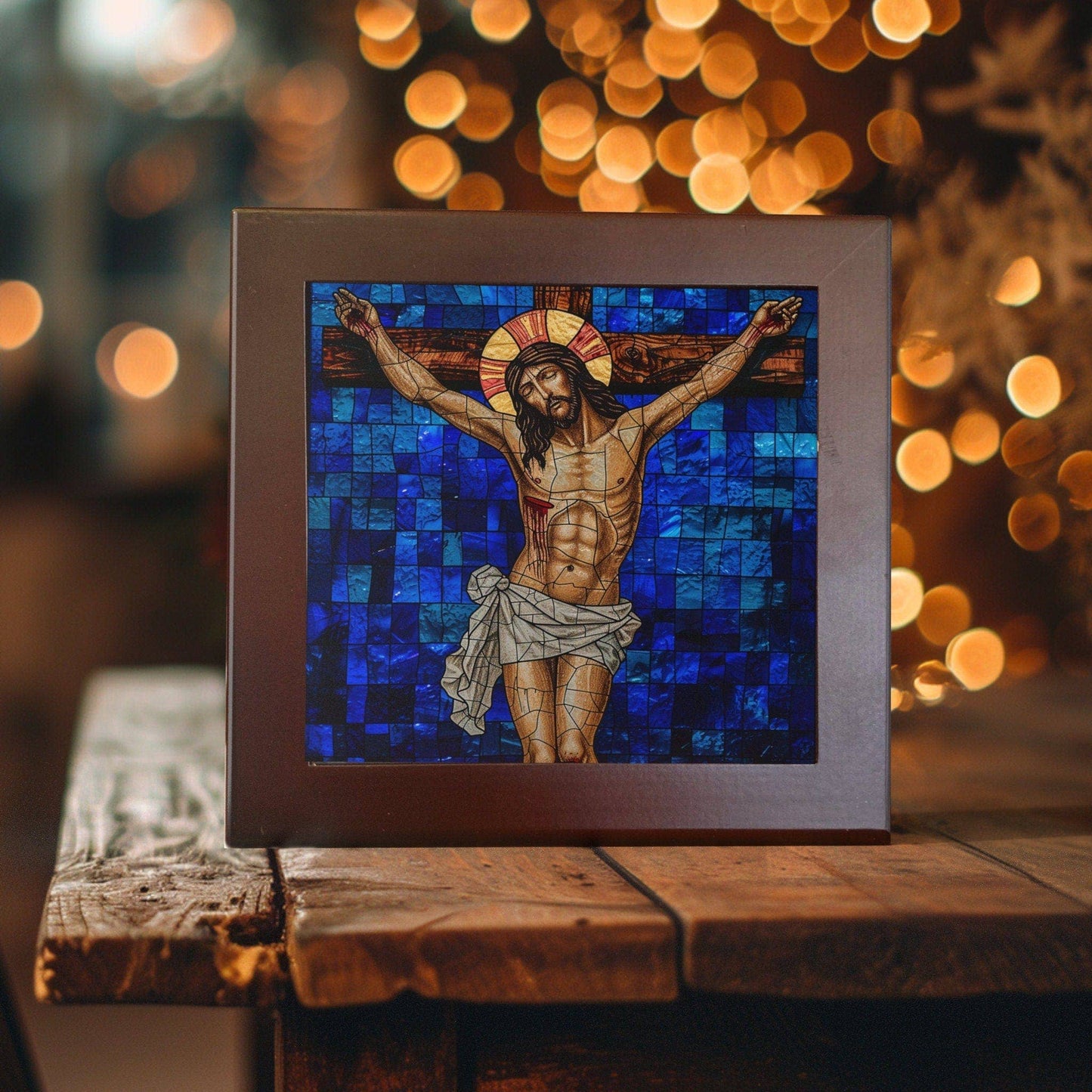 Jesus -Sacrificial Grace Stained Glass-Like Ceramic Tile - Solemn Spiritual Art