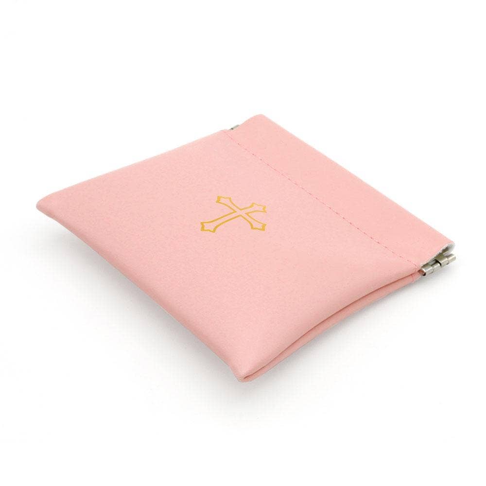 Squeeze Top Rosary Pouch Peach Pink Faux Leather w/Imprint