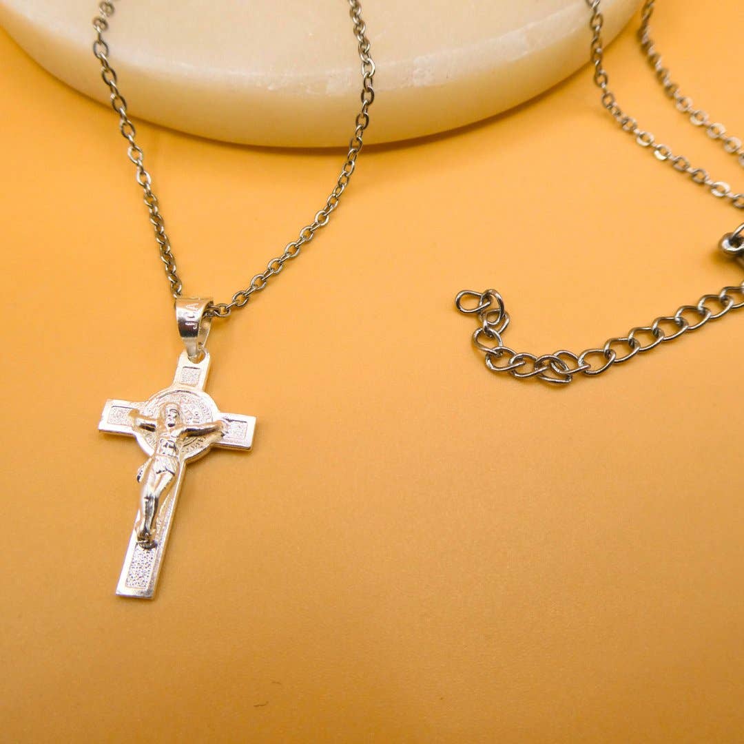 Silver Mini Saint Benedict Crucifix Necklace 18"