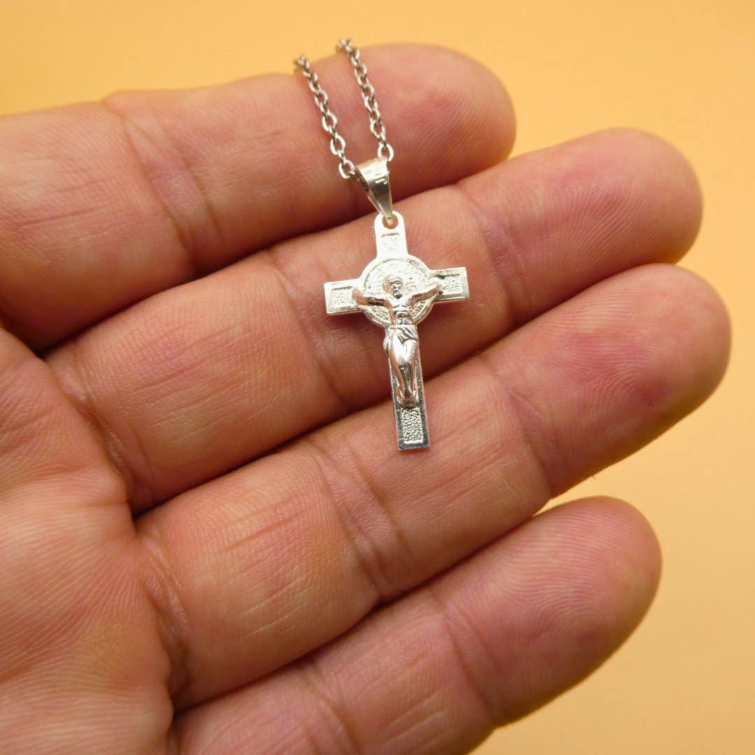 Silver Mini Saint Benedict Crucifix Necklace 18"