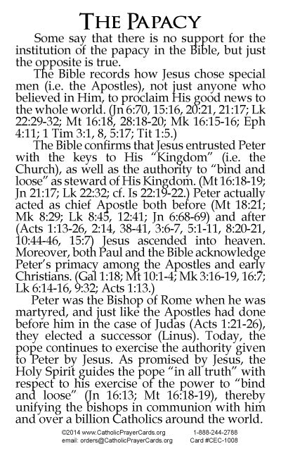 Catholic Evangelization Holy Card: The Papacy