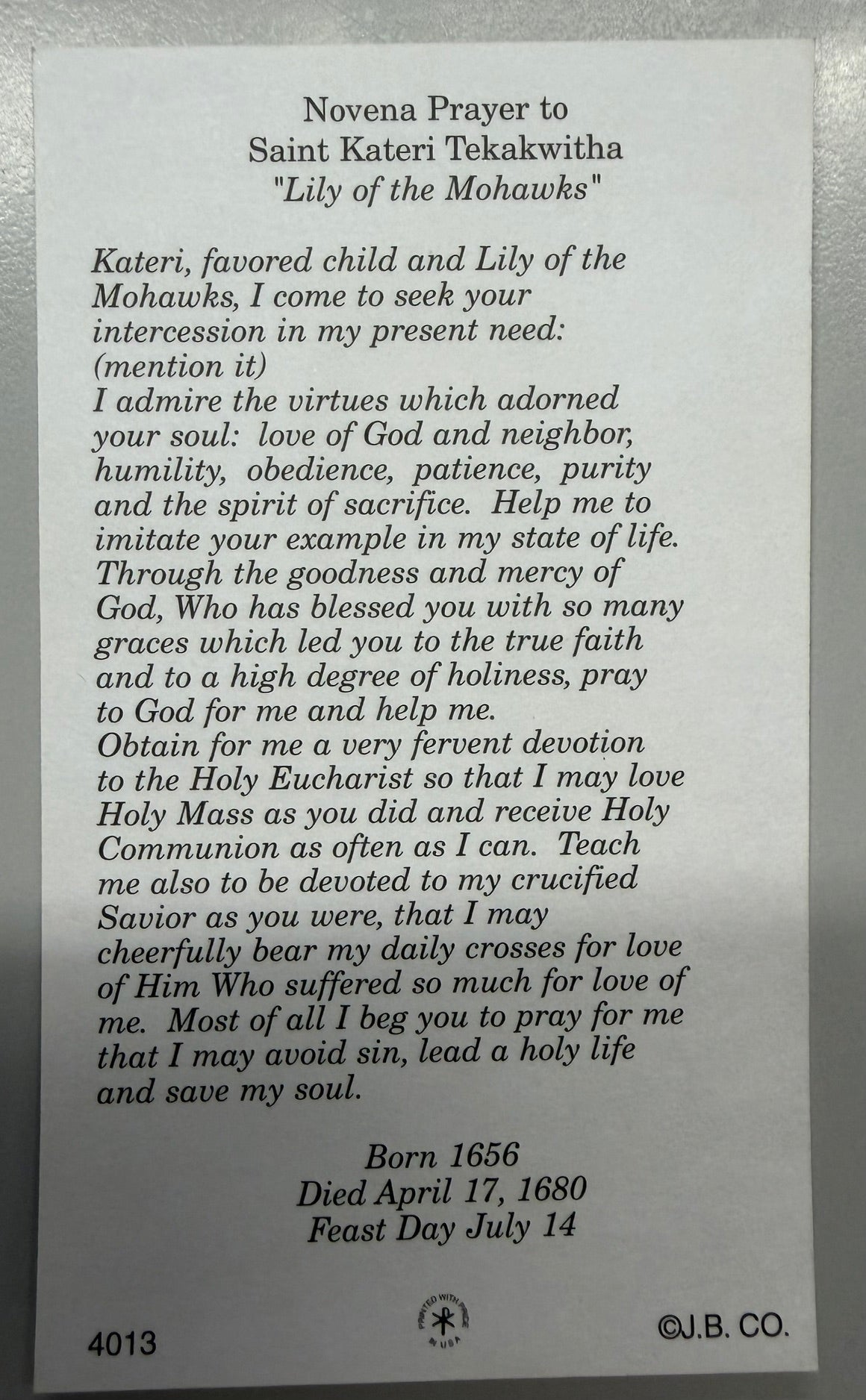 Holy Card - Paper - Novena Prayer to Saint Kateri Tekakwitha