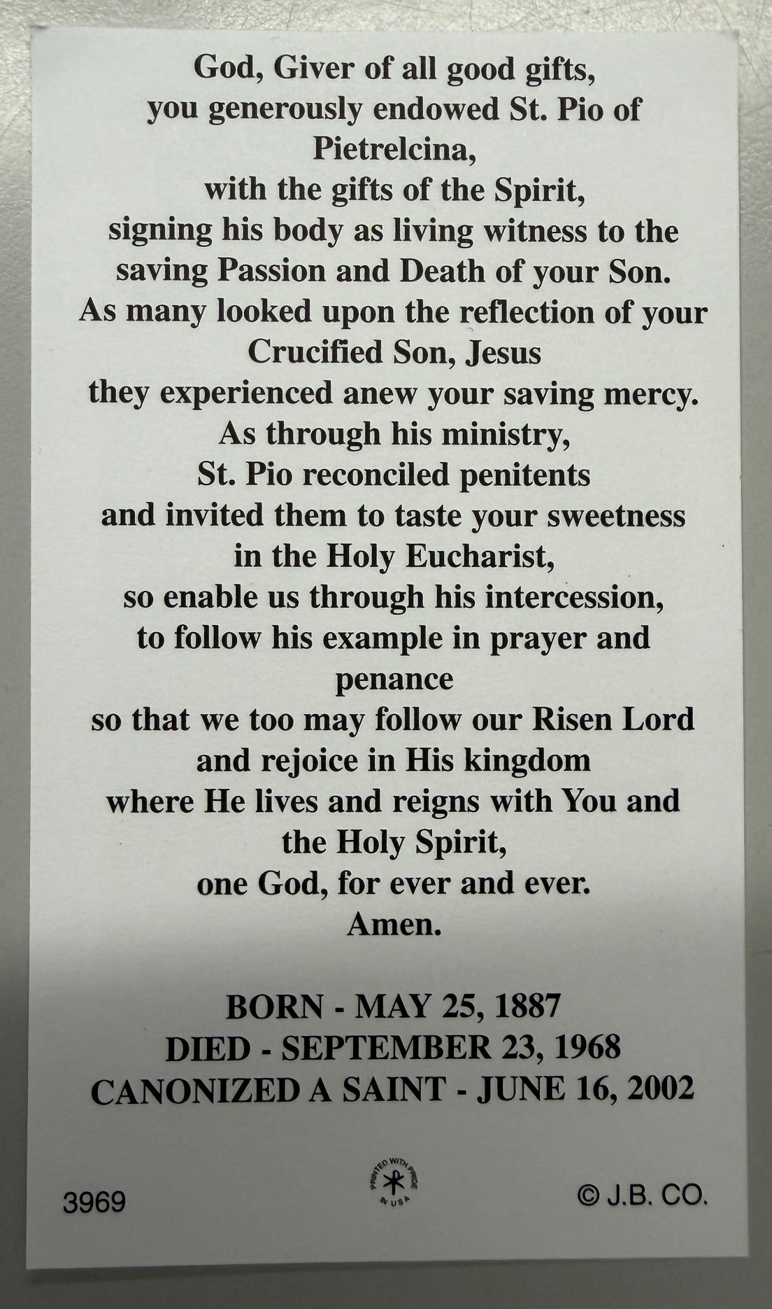 Holy Card - Paper - St. Pio of Pietrelcina