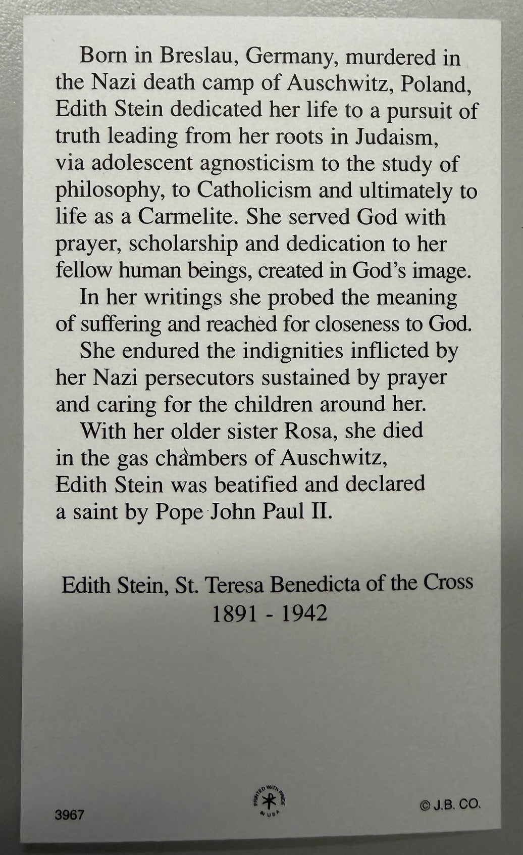 Holy Card - Paper - Edith Stein, St. Teresa Benedicta of the Cross