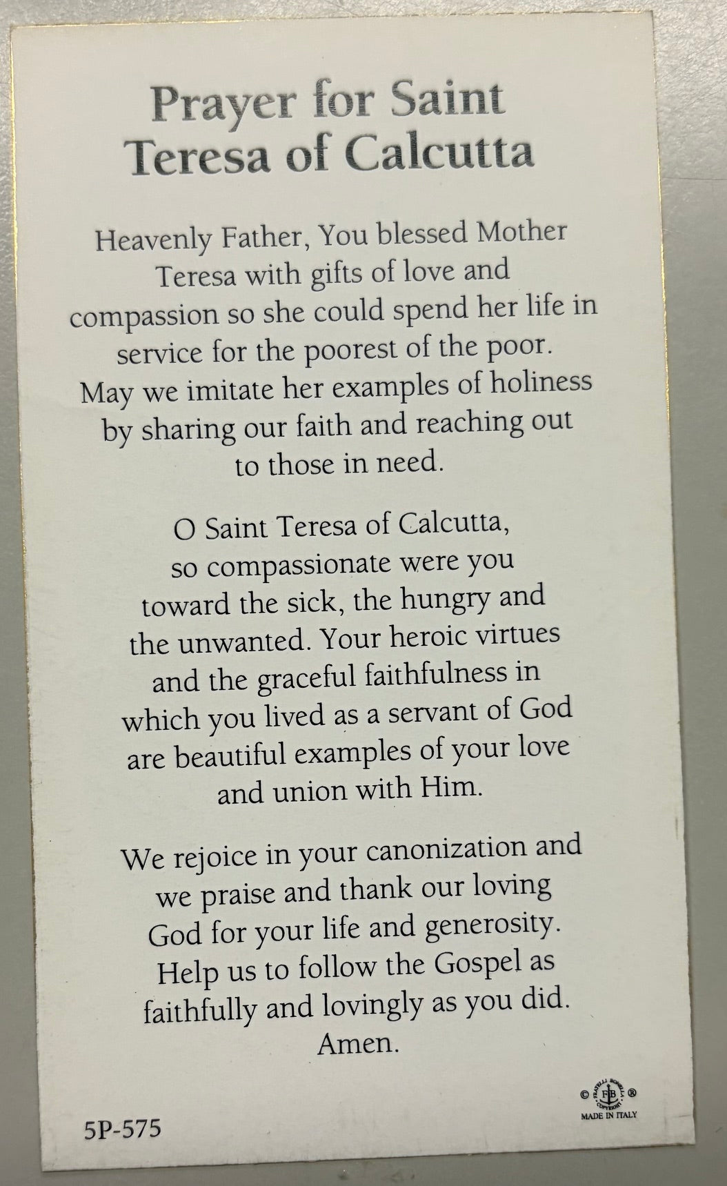 Holy Card - Paper - Prayer for Saint Teresa of Calcutta