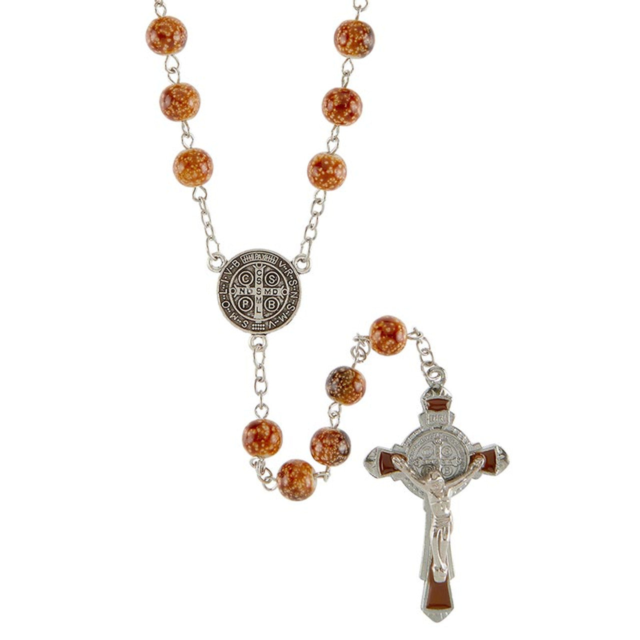 St. Benedict Brown Splatter Bead Rosary