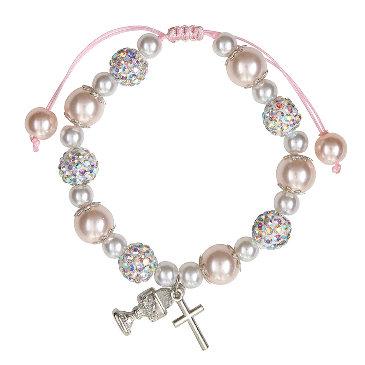 Pink First Communion Imitation Pearl Rhinestone Bracelet