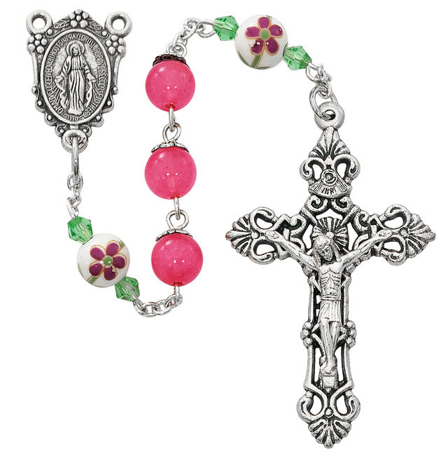 ROSARY - PINK & CERAMIC BEAD FLOWER