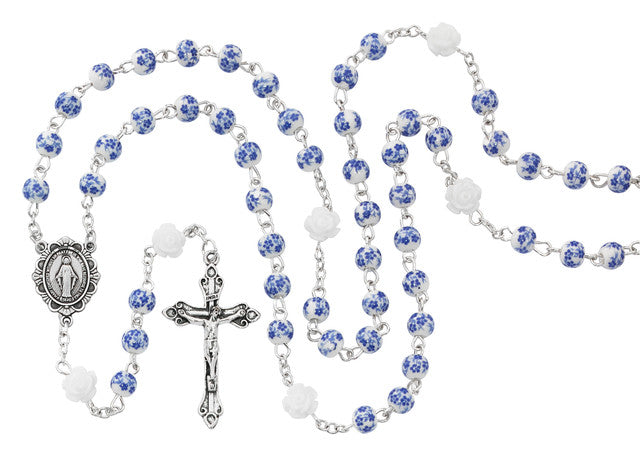 ROSARY - 6MM WHITE AND BLUE FLOWERS